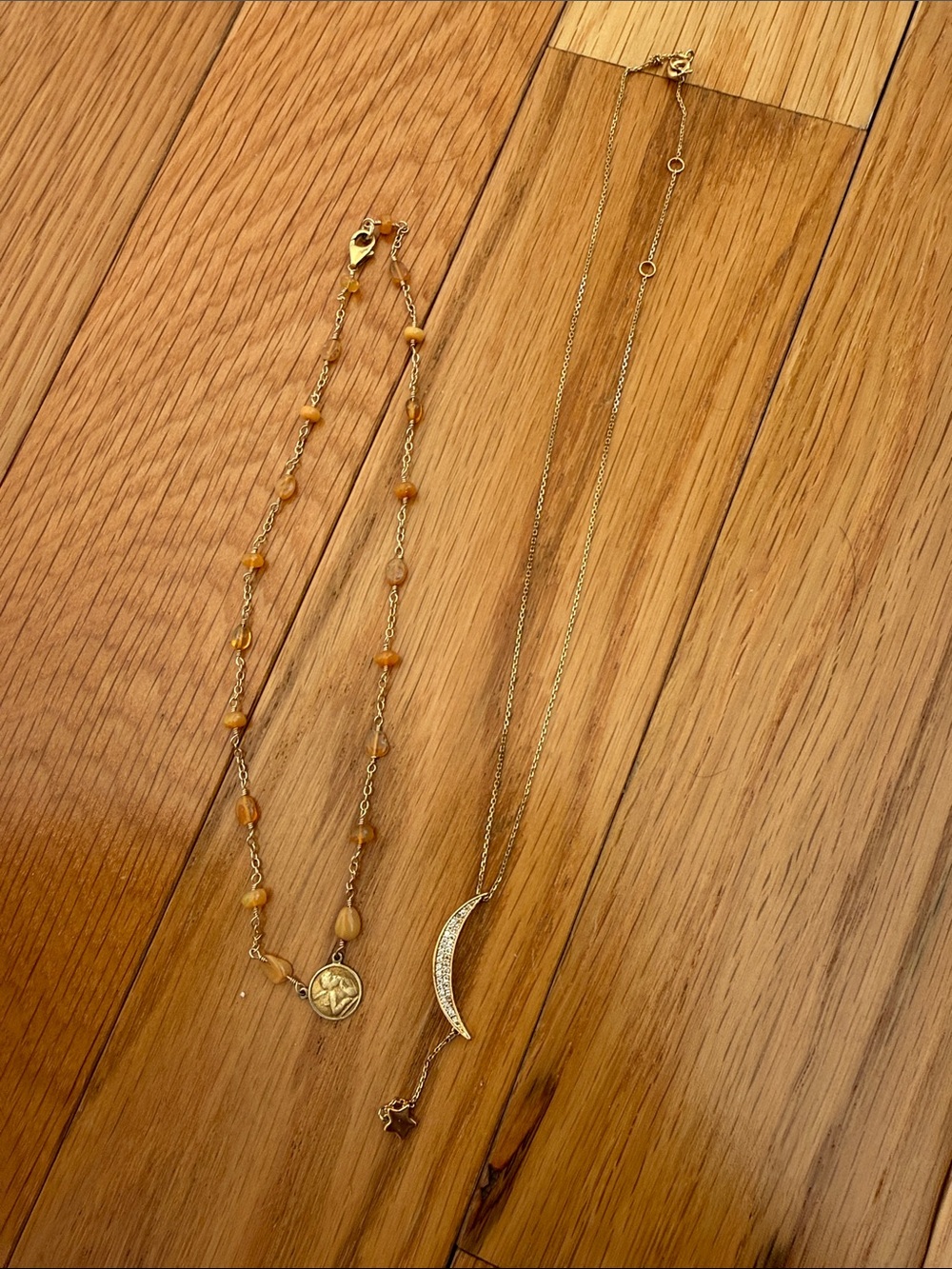 Gold-Tone Crescent Moon Necklace with Amber Bead Chain